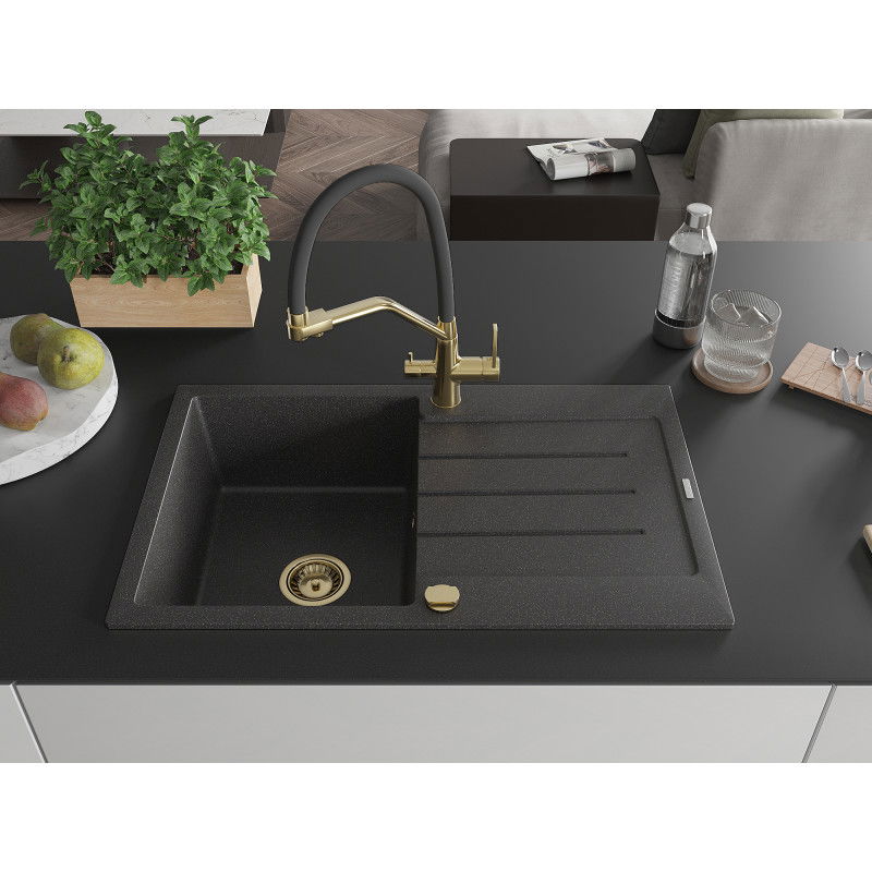 Mexen Bruno granite sink 1-bowl with drainer and Duo kitchen tap, speckled black - 6513-76-671701-57-G