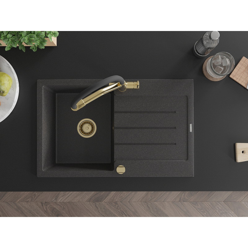 Mexen Bruno 1-bowl granite sink with drainer and Duo kitchen faucet, black speckled - 6513-76-671701-57-G