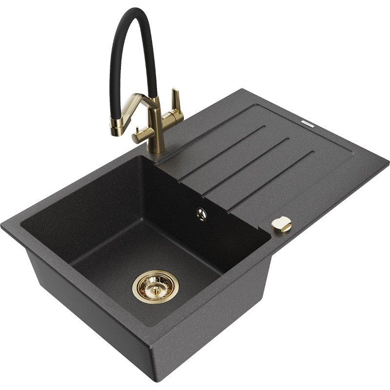 Mexen Bruno granite kitchen sink single-bowl with drainer and Duo faucet, black speckled - 6513-76-671701-57-G