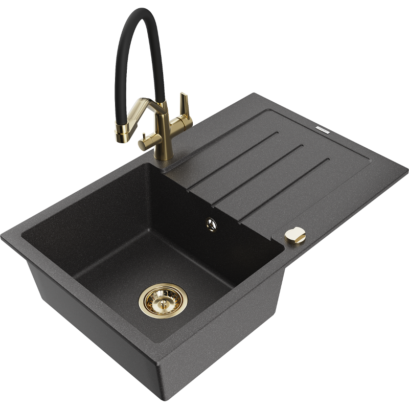 Mexen Bruno granite sink 1-bowl with drainer and Duo kitchen tap, speckled black - 6513-76-671701-57-G