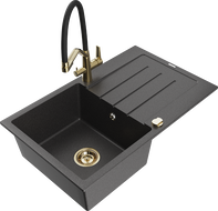 Mexen Bruno 1-bowl granite sink with drainer and Duo kitchen faucet, black speckled - 6513-76-671701-57-G