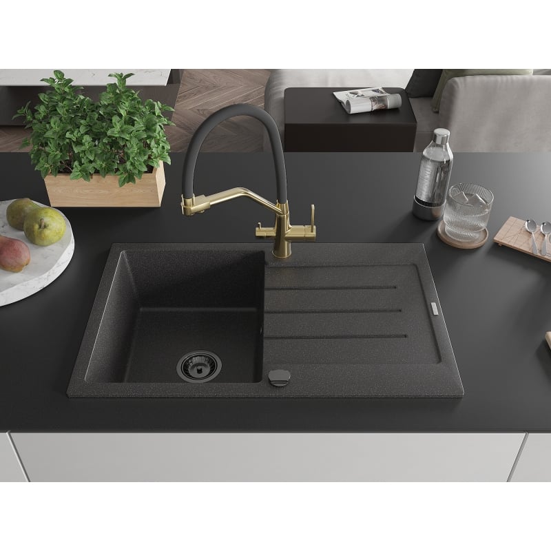 Mexen Bruno 1-bowl granite sink with drainer and kitchen faucet Duo, speckled black - 6513-76-671701-57-B