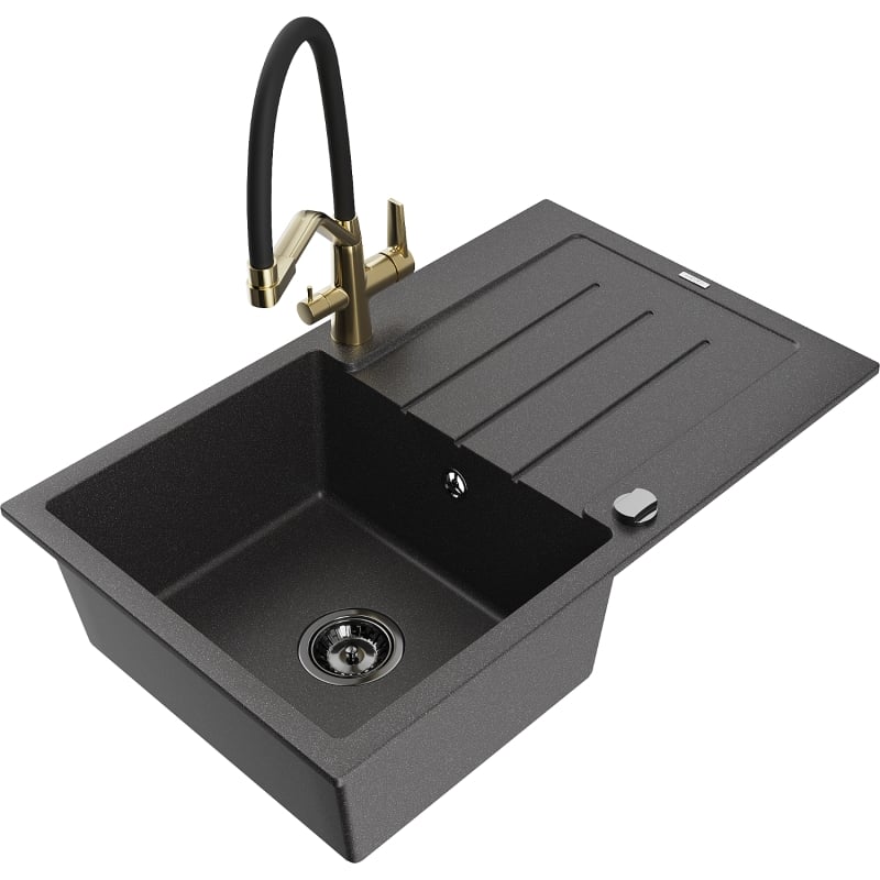 Mexen Bruno 1-bowl granite sink with drainer and kitchen faucet Duo, speckled black - 6513-76-671701-57-B