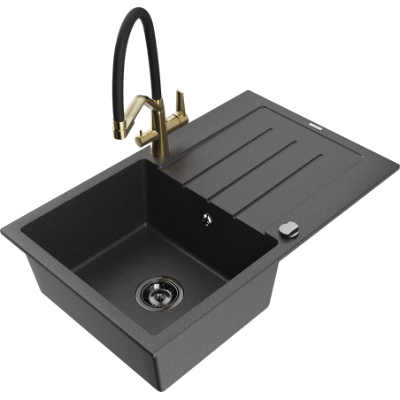 Mexen Bruno granite sink 1-bowl with drainer and Duo kitchen tap, speckled black - 6513-76-671701-57-B