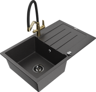 Mexen Bruno 1-compartment granite sink with a drip tray and kitchen mixer tap Duo, Spotted black - 6513-76-671701-57-B