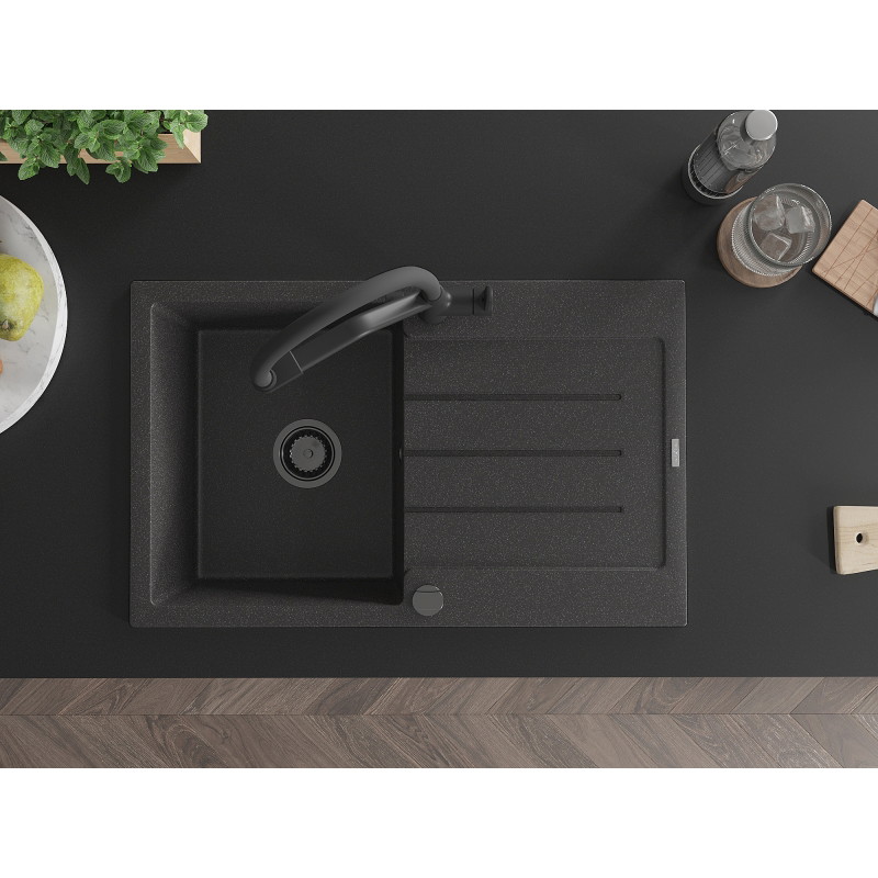 Mexen Bruno 1-bowl granite sink with drainer and kitchen faucet Duo, speckled black - 6513-76-671701-70-B
