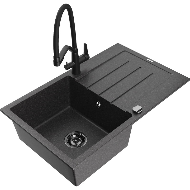 Mexen Bruno 1-bowl granite sink with drainer and kitchen faucet Duo, speckled black - 6513-76-671701-70-B