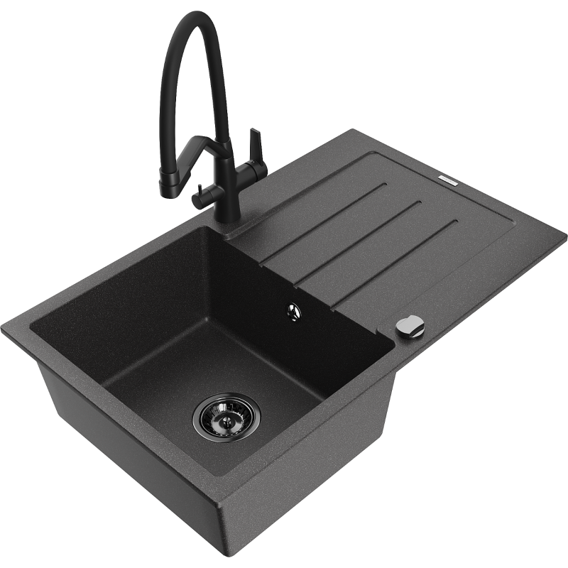 Mexen Bruno 1-compartment granite sink with a drip tray and kitchen mixer tap Duo, Spotted black - 6513-76-671701-70-B