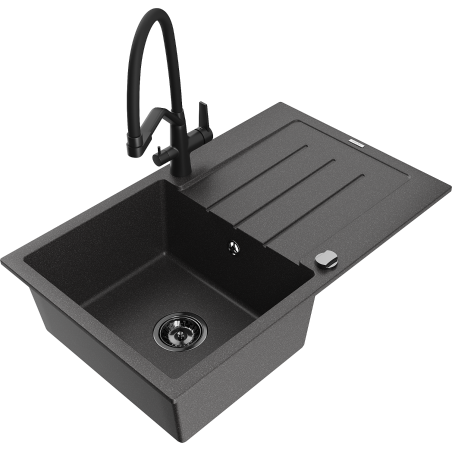 Mexen Bruno 1-compartment granite sink with a drip tray and kitchen mixer tap Duo, Spotted black - 6513-76-671701-70-B