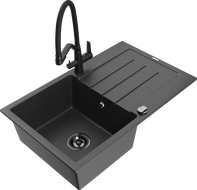 Mexen Bruno 1-bowl granite sink with drainer and Duo kitchen faucet, speckled black - 6513-76-671701-70-B