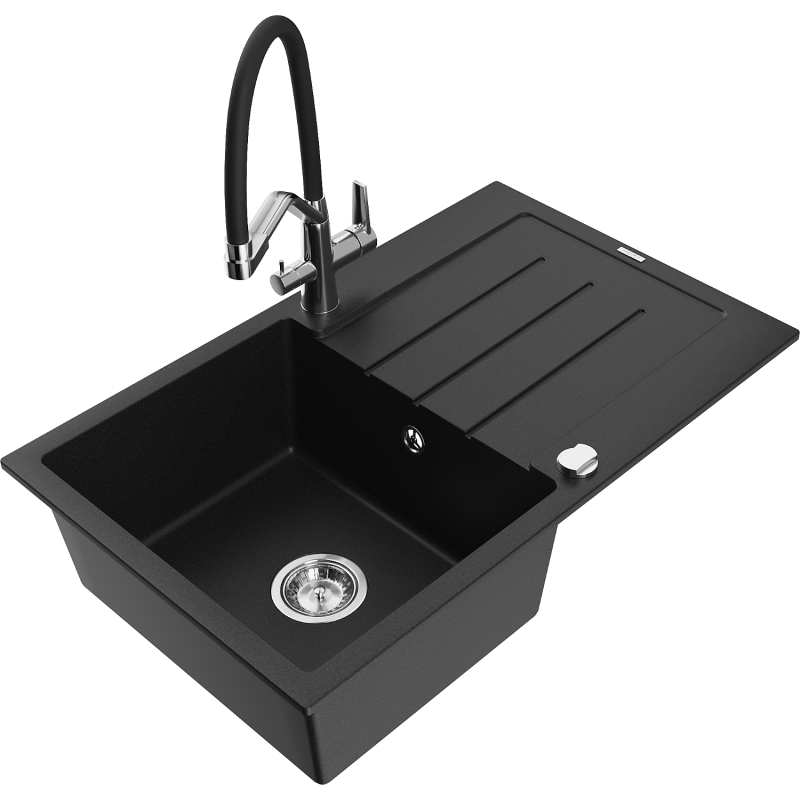 Mexen Bruno 1-compartment granite sink with a drip tray and kitchen mixer tap Duo, Black - 6513-77-671701-07