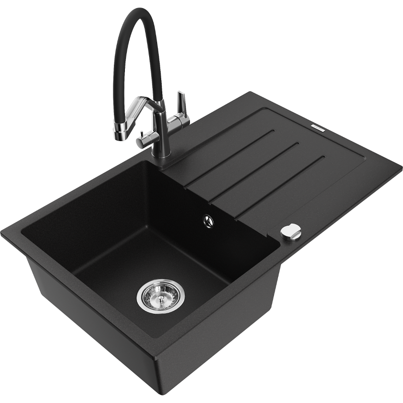 Mexen Bruno granite sink 1-bowl with drainer and Duo kitchen tap, black - 6513-77-671701-07