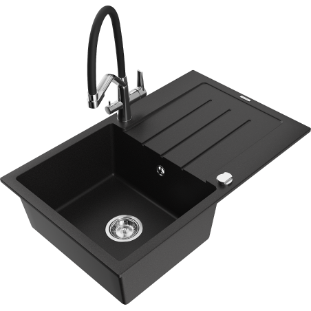 Mexen Bruno granite sink 1-bowl with drainer and Duo kitchen tap, black - 6513-77-671701-07