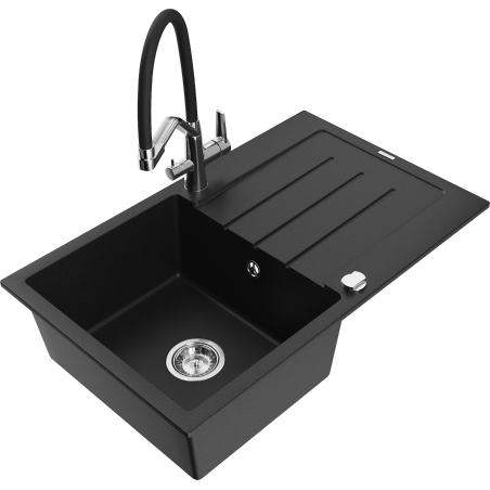 Mexen Bruno single-bowl granite sink with drainer and Duo kitchen faucet, black - 6513-77-671701-07