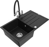Mexen Bruno single-bowl granite sink with drainer and Duo kitchen faucet, black - 6513-77-671701-07