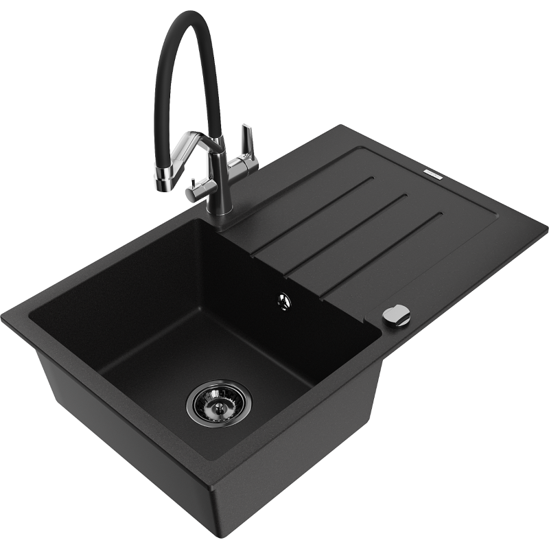 Mexen Bruno 1-compartment granite sink with a drip tray and kitchen mixer tap Duo, Black - 6513-77-671701-07-B
