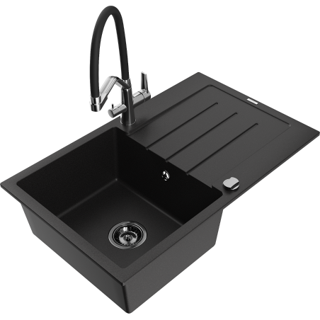 Mexen Bruno 1-compartment granite sink with a drip tray and kitchen mixer tap Duo, Black - 6513-77-671701-07-B