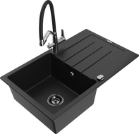 Mexen Bruno 1-compartment granite sink with a drip tray and kitchen mixer tap Duo, Black - 6513-77-671701-07-B