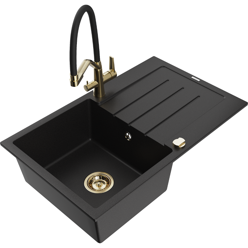 Mexen Bruno 1-compartment granite sink with a drip tray and kitchen mixer tap Duo, Black - 6513-77-671701-57-G