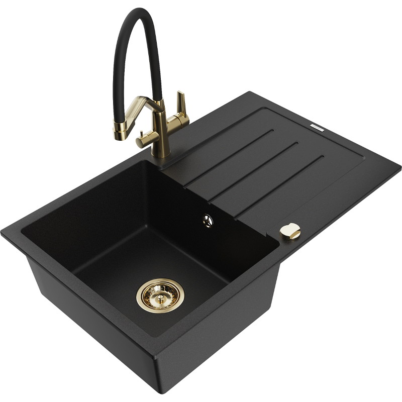 Mexen Bruno granite single-bowl sink with drainer and Duo kitchen faucet, black - 6513-77-671701-57-G