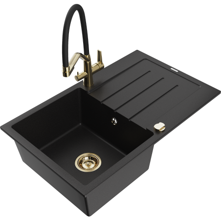 Mexen Bruno granite single-bowl sink with drainer and Duo kitchen faucet, black - 6513-77-671701-57-G