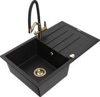 Mexen Bruno granite single-bowl sink with drainer and Duo kitchen faucet, black - 6513-77-671701-57-G