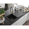 Mexen Bruno granite sink 1-bowl with drainer and Duo kitchen faucet, black - 6513-77-671701-57-B