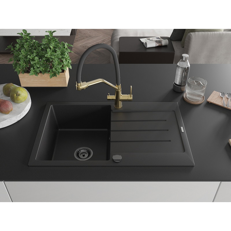 Mexen Bruno granite sink 1-bowl with drainer and Duo kitchen faucet, black - 6513-77-671701-57-B