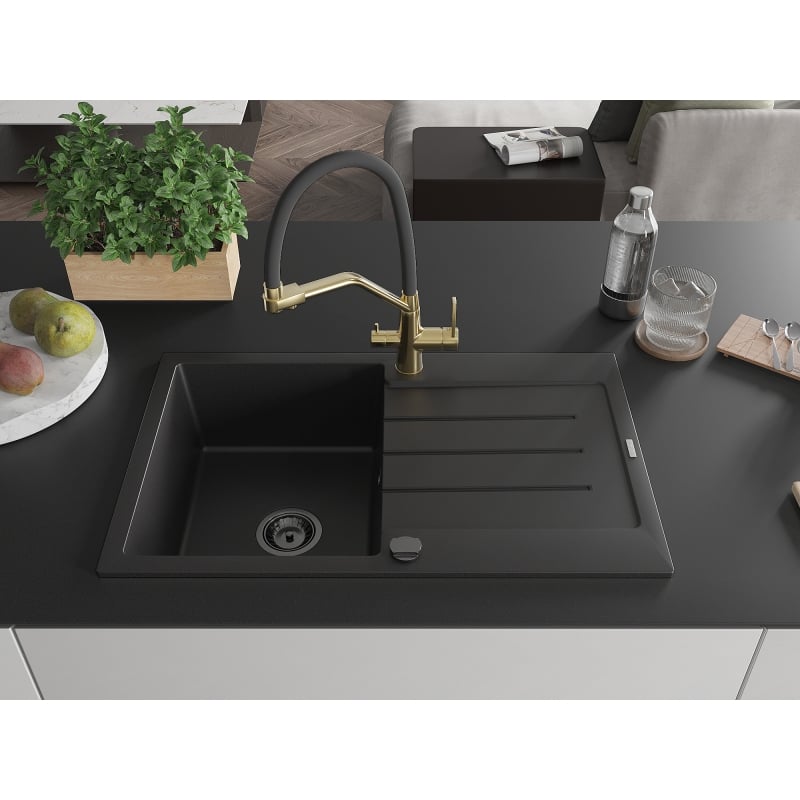 Mexen Bruno granite sink 1-compartment with drainer and Duo kitchen faucet, black - 6513-77-671701-57-B