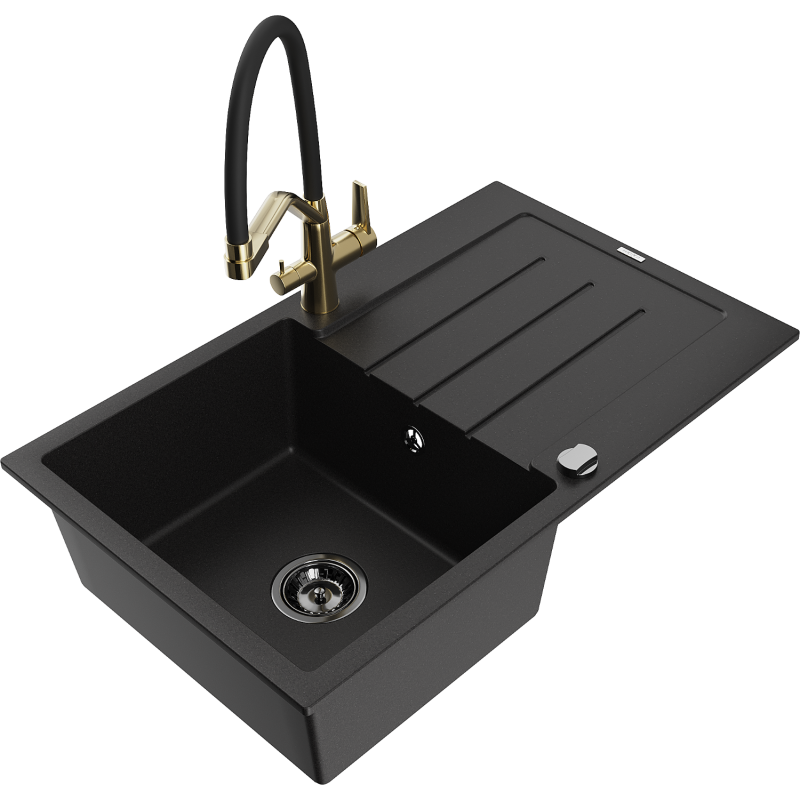 Mexen Bruno 1-compartment granite sink with a drip tray and kitchen mixer tap Duo, Black - 6513-77-671701-57-B
