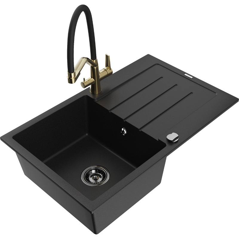 Mexen Bruno granite sink 1-bowl with drainer and Duo kitchen faucet, black - 6513-77-671701-57-B
