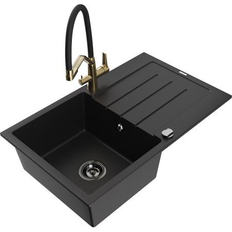 Mexen Bruno granite sink 1-compartment with drainer and Duo kitchen faucet, black - 6513-77-671701-57-B