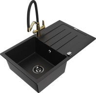 Mexen Bruno granite sink 1-compartment with drainer and Duo kitchen faucet, black - 6513-77-671701-57-B