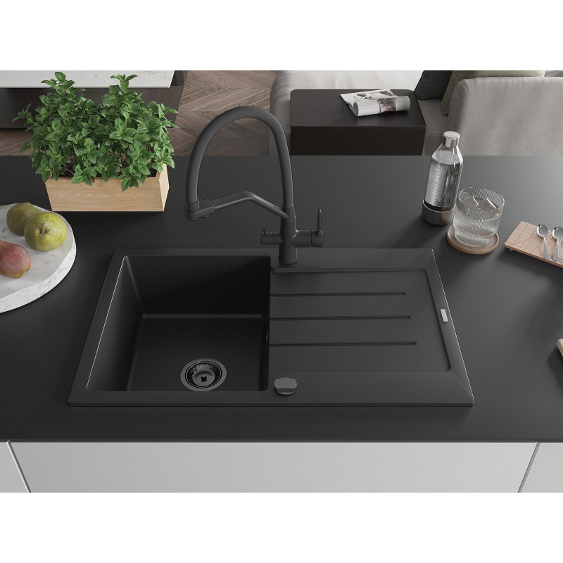 Mexen Bruno granite kitchen sink with single bowl, drainer and Duo kitchen faucet, black - 6513-77-671701-70-B