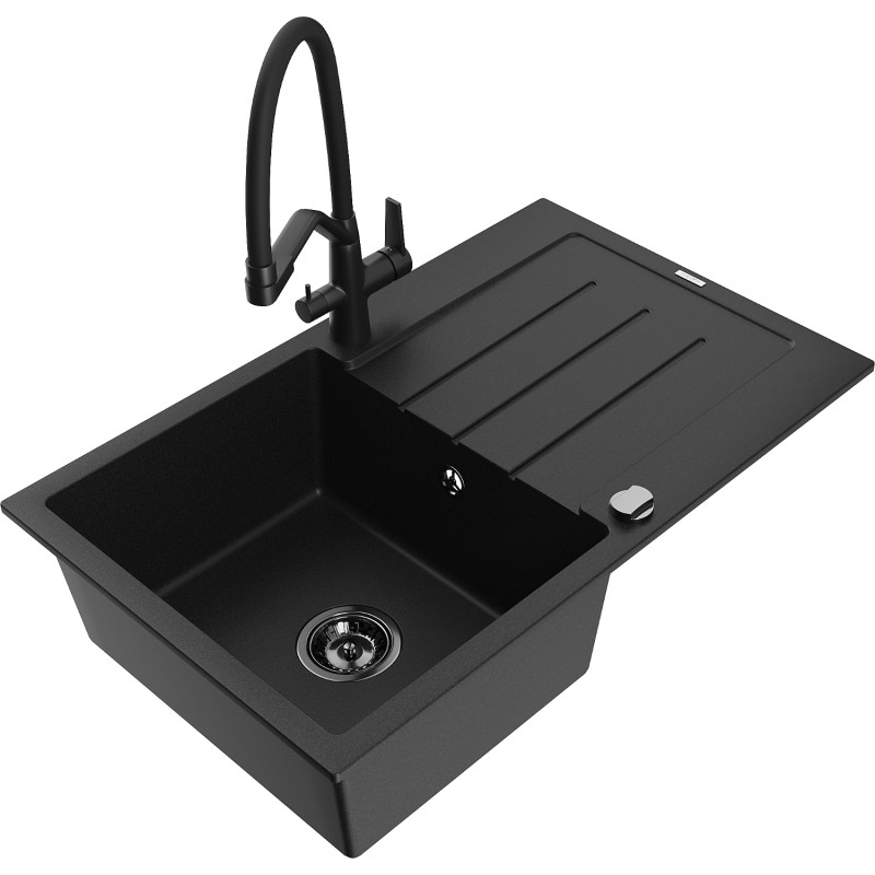 Mexen Bruno granite kitchen sink 1-bowl with drainer and Duo kitchen faucet, black - 6513-77-671701-70-B