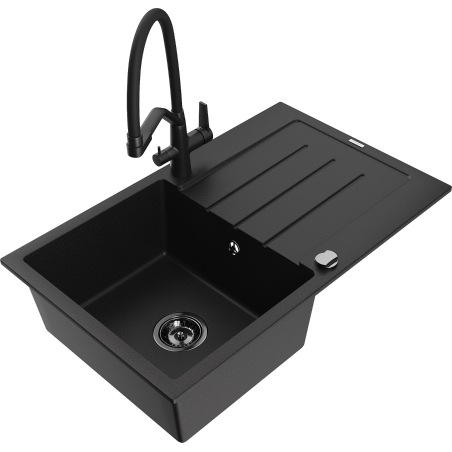 Mexen Bruno granite kitchen sink 1-bowl with drainer and Duo kitchen faucet, black - 6513-77-671701-70-B