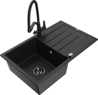 Mexen Bruno granite kitchen sink 1-bowl with drainer and Duo kitchen faucet, black - 6513-77-671701-70-B
