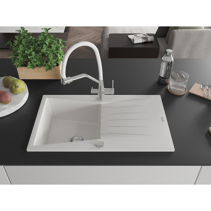 Mexen Cesar granite kitchen sink 1-bowl with drainer and Duo kitchen faucet, white - 6514-20-671701-02