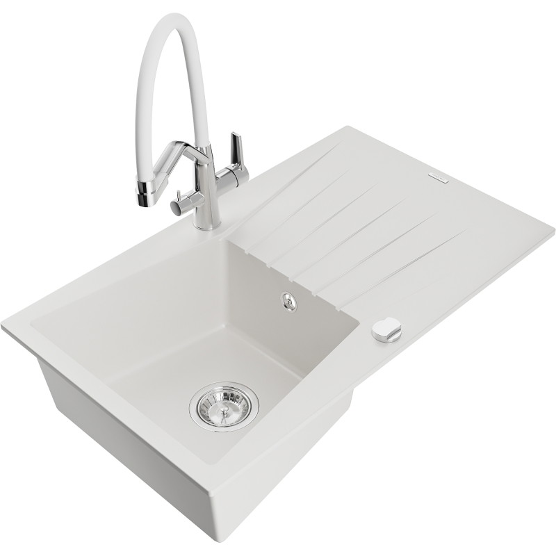 Mexen Cesar granite kitchen sink 1-bowl with drainer and Duo kitchen faucet, white - 6514-20-671701-02