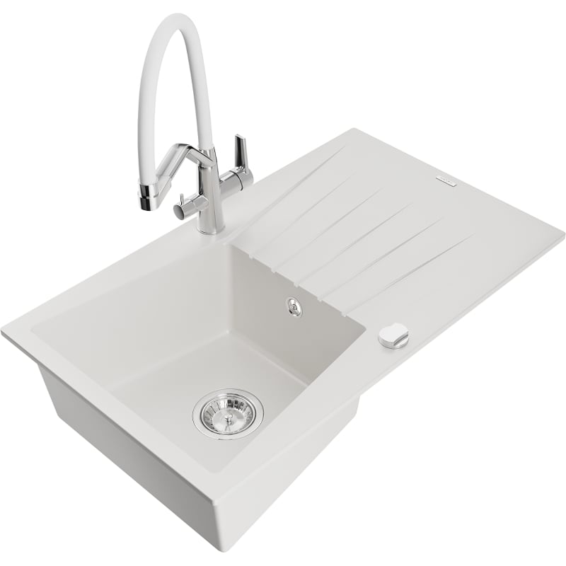 Mexen Cesar granite kitchen sink single-bowl with drainer and Duo kitchen faucet, white - 6514-20-671701-02