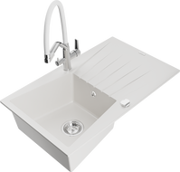Mexen Cesar granite kitchen sink 1-bowl with drainer and Duo kitchen faucet, white - 6514-20-671701-02