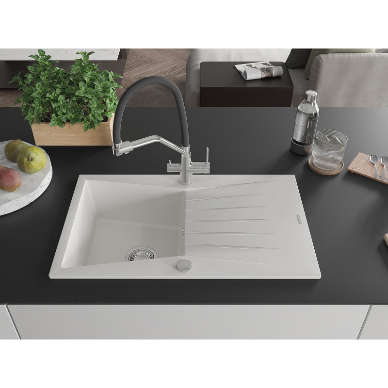 Mexen Cesar granite sink 1-bowl with drainer and Duo kitchen faucet, white - 6514-20-671701-07