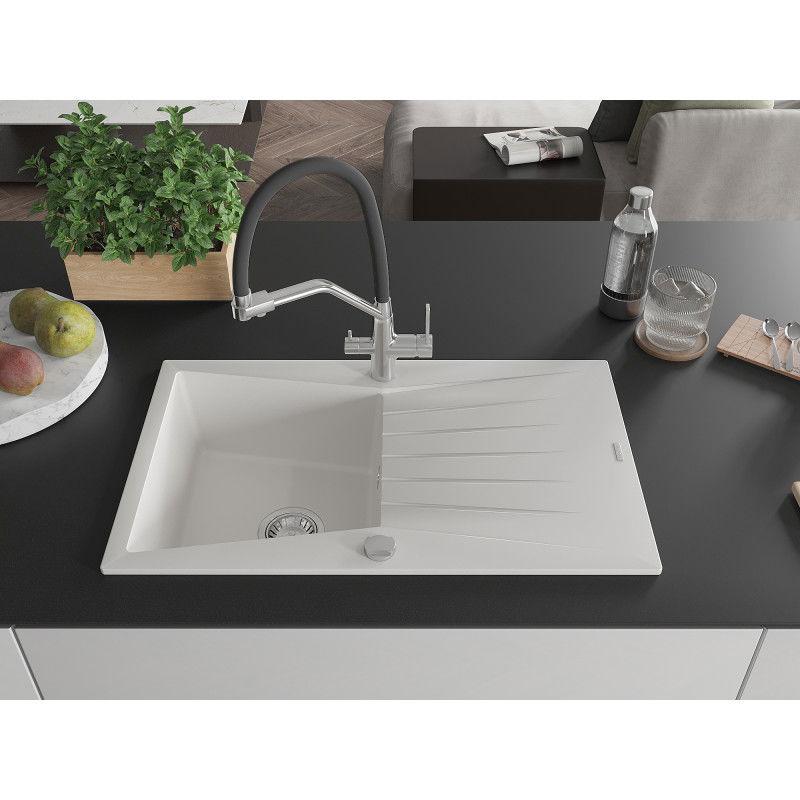 Mexen Cesar granite sink 1-bowl with drainer and Duo kitchen tap, white - 6514-20-671701-07
