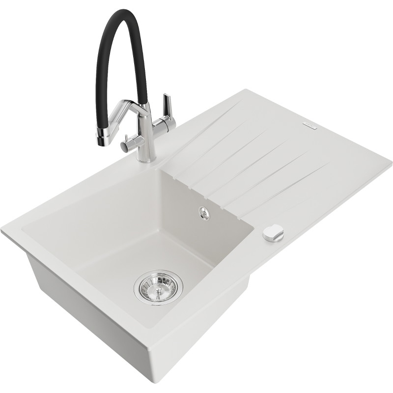 Mexen Cesar granite sink 1-bowl with drainer and Duo kitchen faucet, white - 6514-20-671701-07
