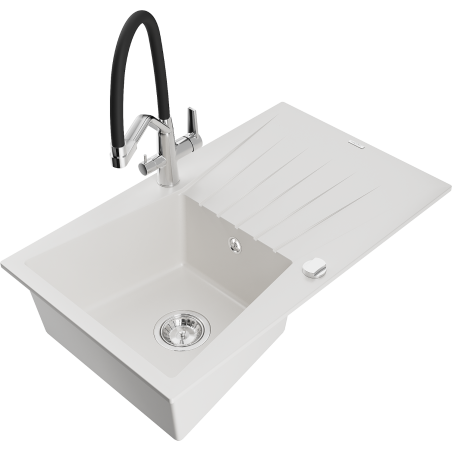 Mexen Cesar granite kitchen sink 1-bowl with drainer and Duo kitchen faucet, white - 6514-20-671701-07