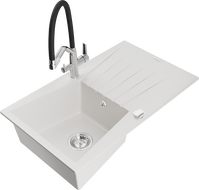 Mexen Cesar granite kitchen sink 1-bowl with drainer and Duo kitchen faucet, white - 6514-20-671701-07