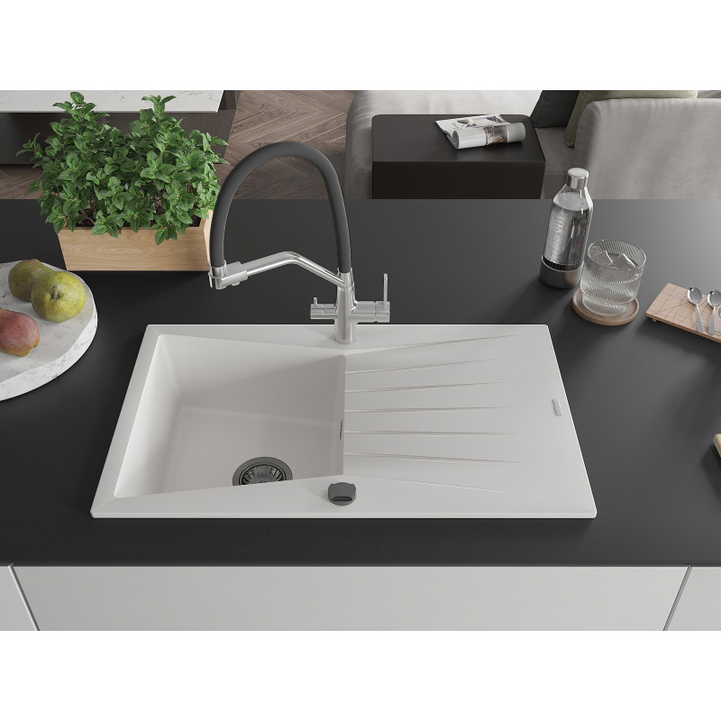Mexen Cesar 1-bowl granite sink with drainer and Duo kitchen faucet, white - 6514-20-671701-07-B