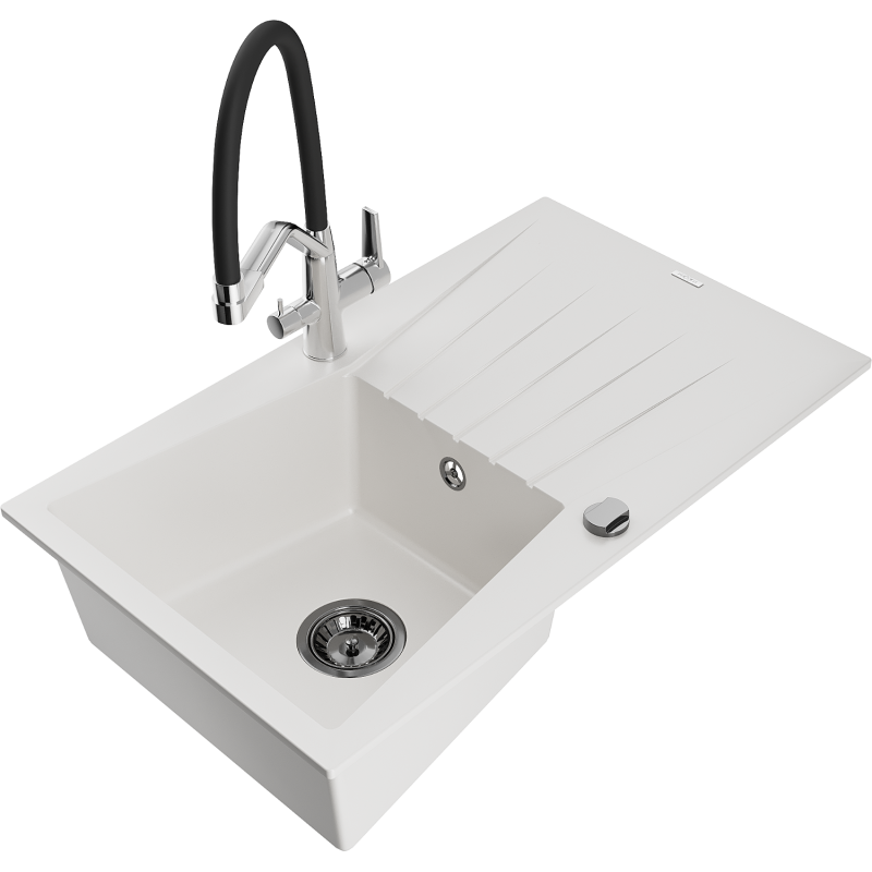 Mexen Cesar 1-compartment granite sink with a drip tray and kitchen mixer tap Duo, white - 6514-20-671701-07-B