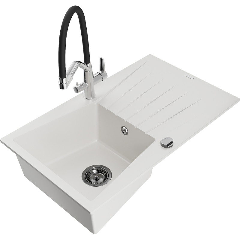 Mexen Cesar granite kitchen sink 1-bowl with drainer and Duo kitchen faucet, white - 6514-20-671701-07-B