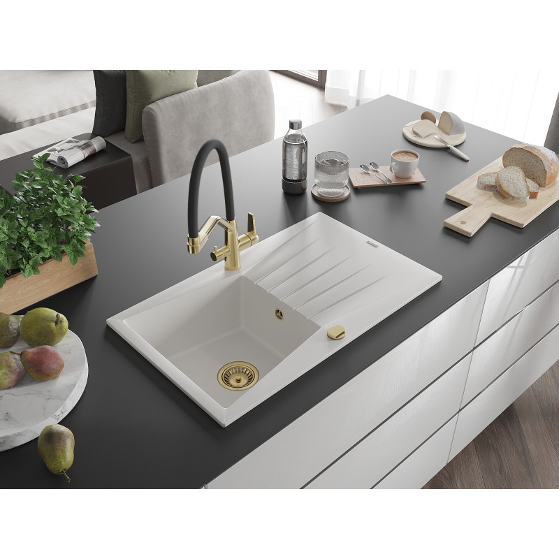 Mexen Cesar single-bowl granite sink with drainer and Duo kitchen faucet, white - 6514-20-671701-57-G